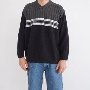 VTG Cherokee Ribbed Knit Sweater Grey Black Striped Preppy Collegiate Medium